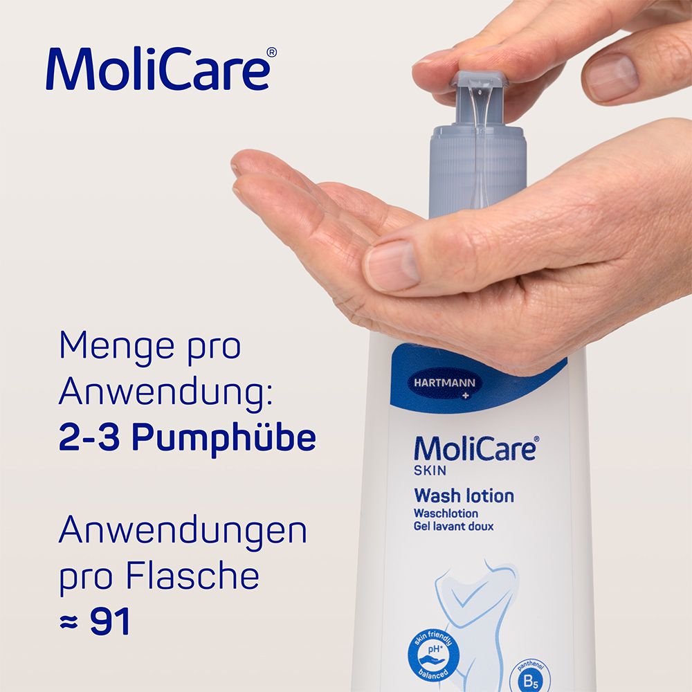 Mains tenant un flacon. Inscription: MoliCare Skin Wash lotion. 2-3 pressions par utilisation. Environ 91 utilisations.