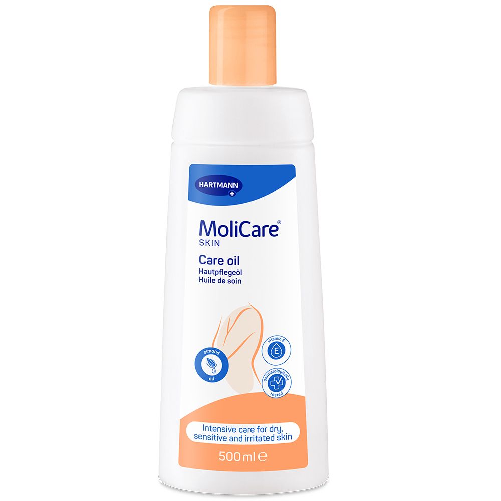 Flacon blanc d'huile de soin MoliCare Skin avec bouchon beige clair. Contient de la vitamine E et de l'huile d'amande. 500ml.