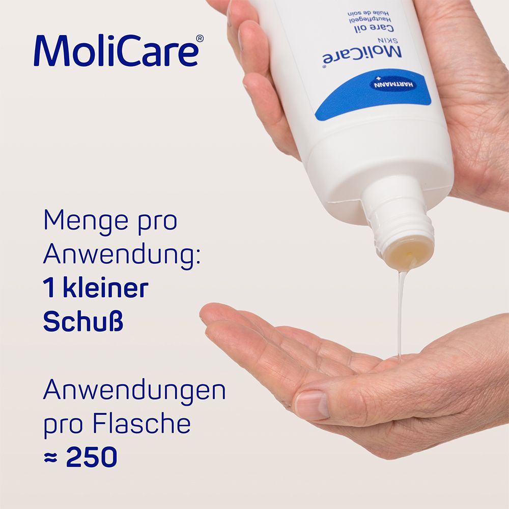 Mains tenant un flacon d'huile de soin MoliCare Skin. L'huile est versée dans la paume. Texte : "1 petite dose".