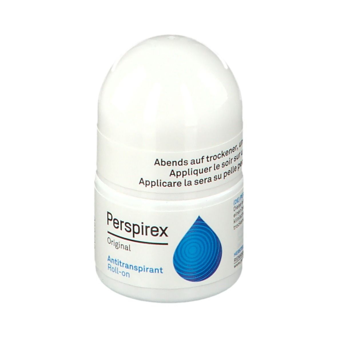 Roll-on blanc avec logo goutte bleue. Texte: Perspirex Original Antitranspirant Roll-on. Instructions d'utilisation.