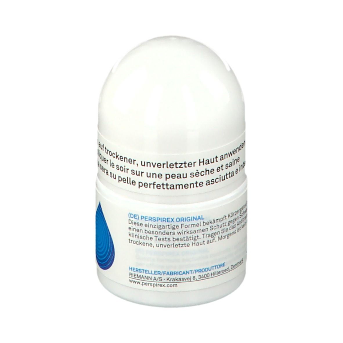 Roll-on blanc. Texte: (DE) PERSIREX ORIGINAL. Graphique goutte bleue. Informations fabricant et site web.