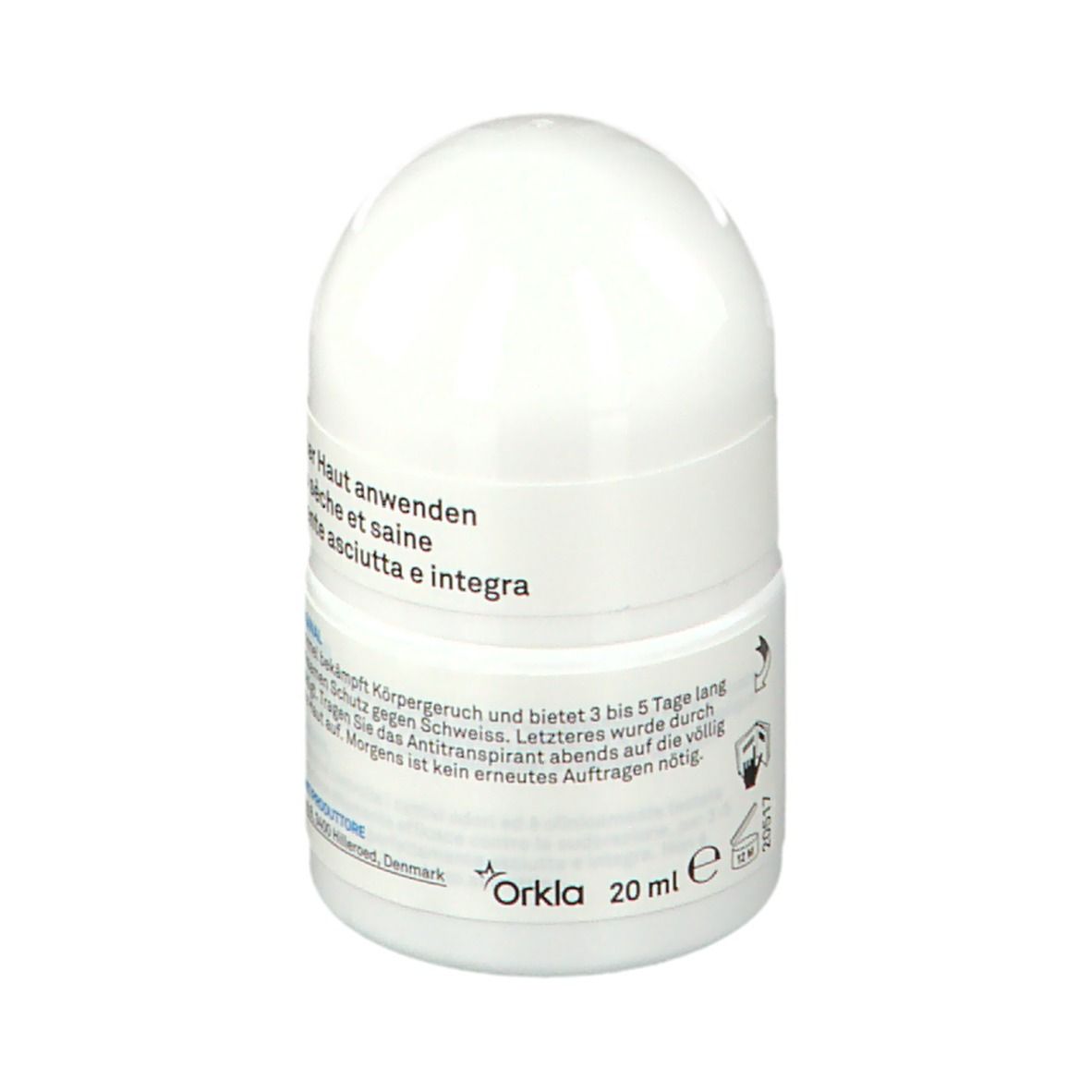 Roll-on blanc. Texte: Instructions d'utilisation. Orkla 20 ml. Symbole E.