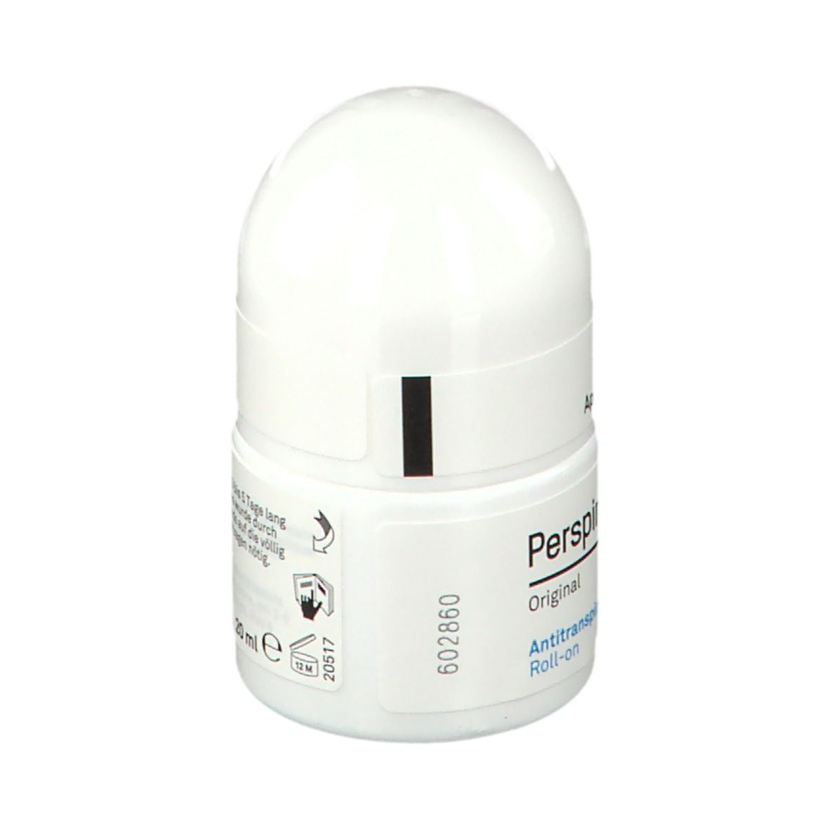 Roll-on blanc. Bande noire. Texte: Perspirex Original Antitranspirant Roll-on. Numéro de lot.