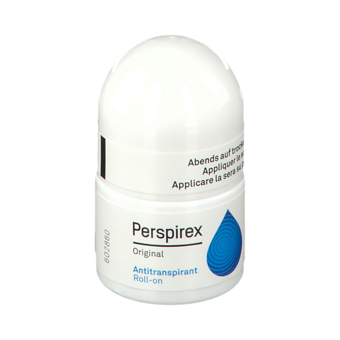 Roll-on blanc. Logo goutte bleue. Texte: Perspirex Original Antitranspirant Roll-on. Numéro de lot.