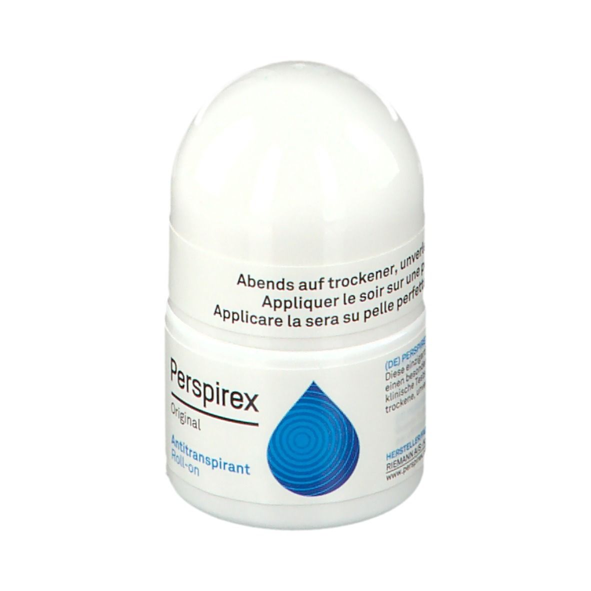 Roll-on blanc. Logo goutte bleue. Texte: Perspirex Original Antitranspirant Roll-on. Instructions d'utilisation.