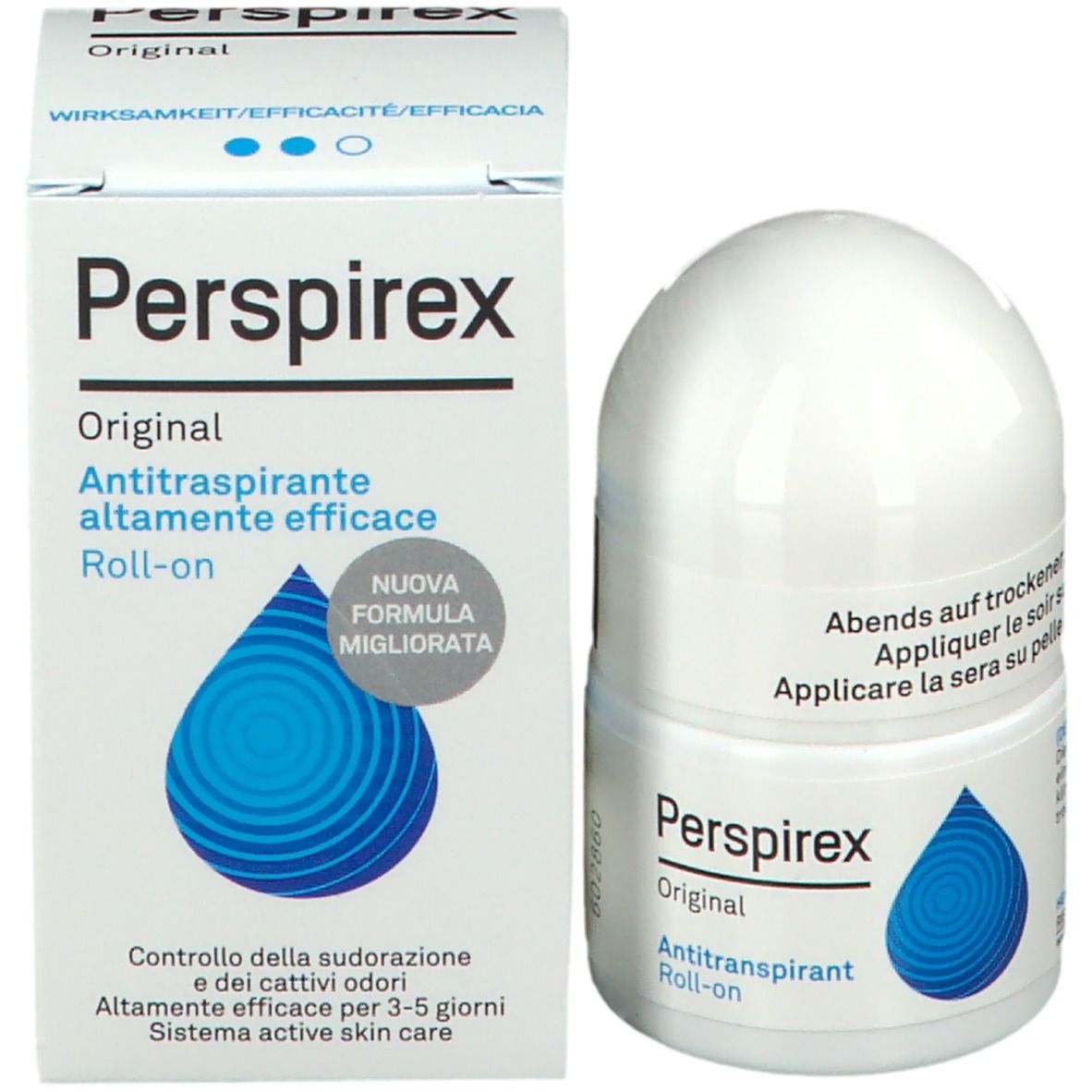 Produit et emballage. Roll-on blanc et boîte. Texte: Perspirex Original Antitranspirant. Graphique goutte bleue.