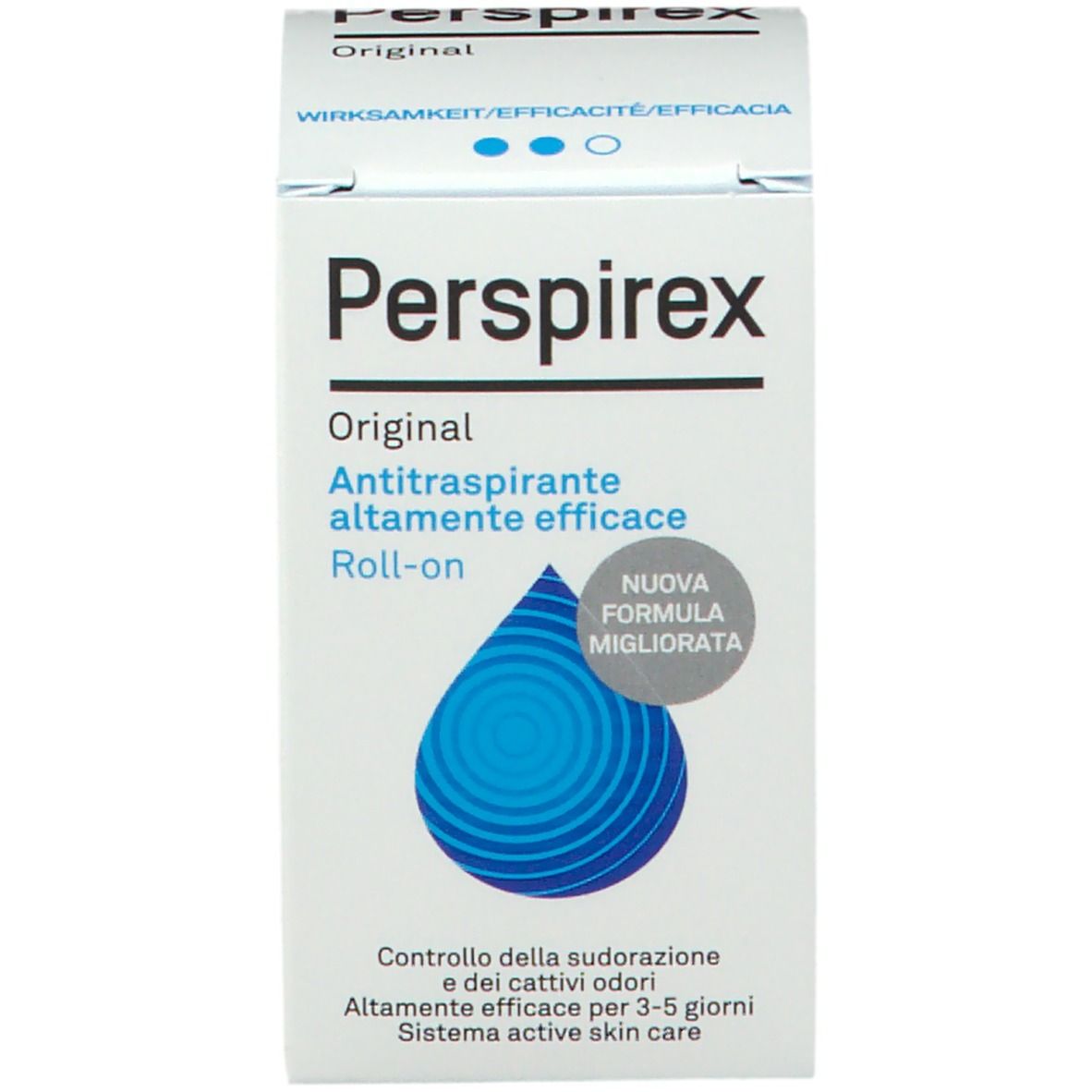 Emballage blanc. Texte: Perspirex Original Antitranspirant. Graphique goutte bleue. Nouvelle formule.