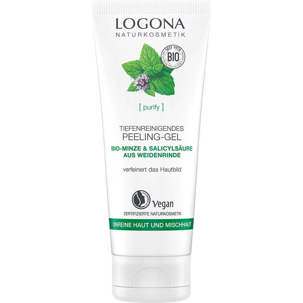 Tube blanche et verte avec nom et logo du produit. Illustration de menthe bio, label Vegan. Texte : Gel peeling nettoyant en profondeur, peau impure.