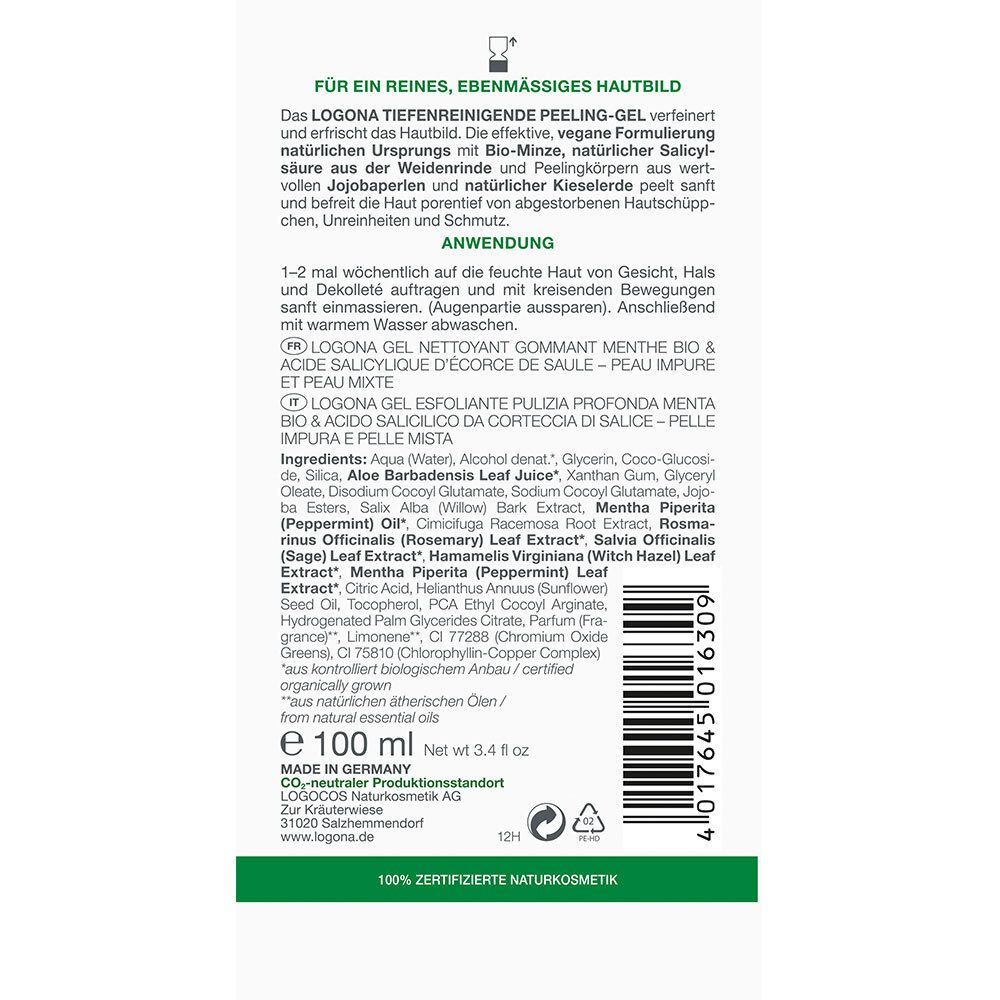 Dos du tube. Texte en allemand, français et italien. Ingrédients, informations fabricant, certification bio, label Vegan.