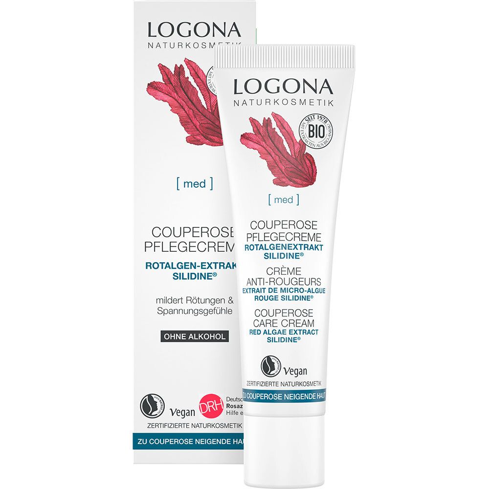 Tube et emballage de crème. LOGONA Naturkosmetik Couperose Pflegecreme. Extrait de Rotalgues Silidine. Vegan.