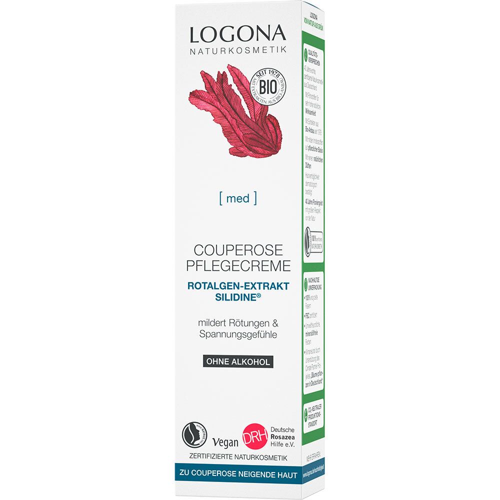 Emballage. LOGONA Naturkosmetik Couperose Pflegecreme. Extrait de Rotalgues Silidine. Vegan. Label Bio.