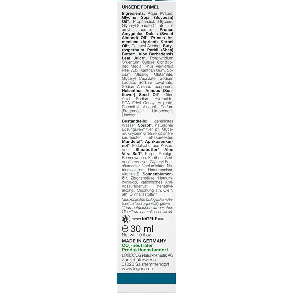 Liste des ingrédients. LOGONA Couperose Pflegecreme. Aqua, huile de soja, beurre de karité, huile de tournesol. 30 ml.