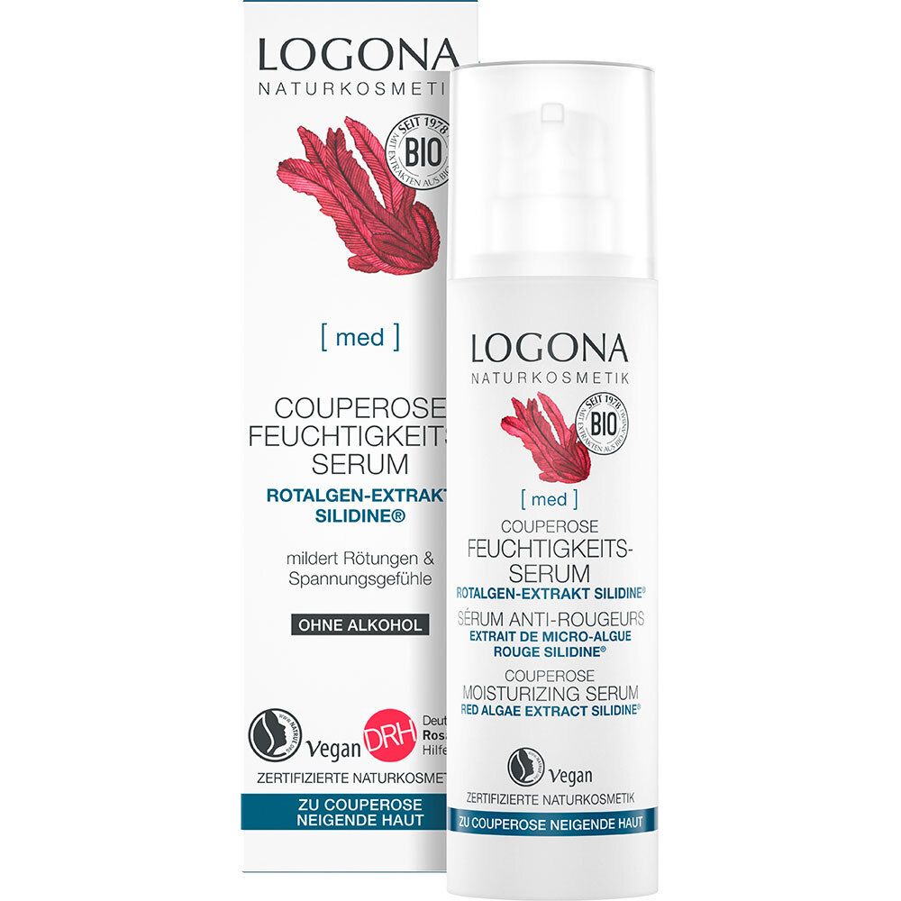 Sérum hydratant LOGONA Couperose, flacon et emballage. Vegan, label bio. Texte: Couperose, hydratation.