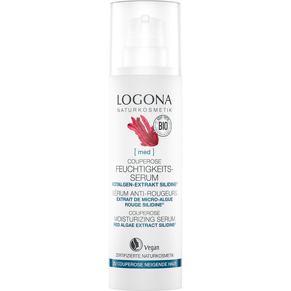 Sérum hydratant LOGONA Couperose, flacon blanc avec pompe. Vegan, label bio. Texte: Couperose, hydratation.