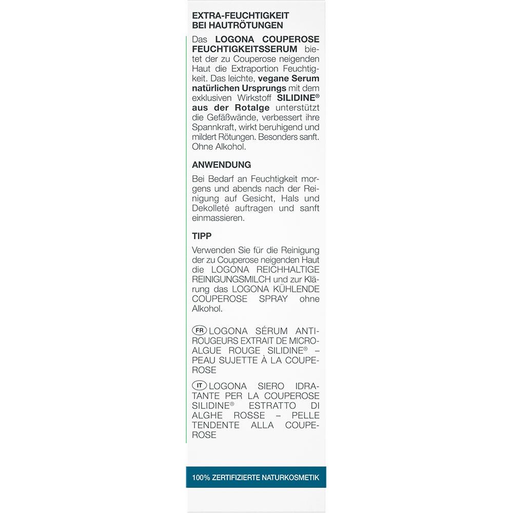 Texte au dos de l'emballage. Texte: Hydratation supplémentaire pour les rougeurs, utilisation, ingrédients, certification.