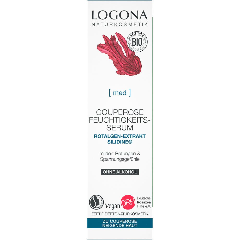 Emballage du sérum hydratant LOGONA Couperose. Texte: Couperose, hydratation, sans alcool, Vegan, label bio.