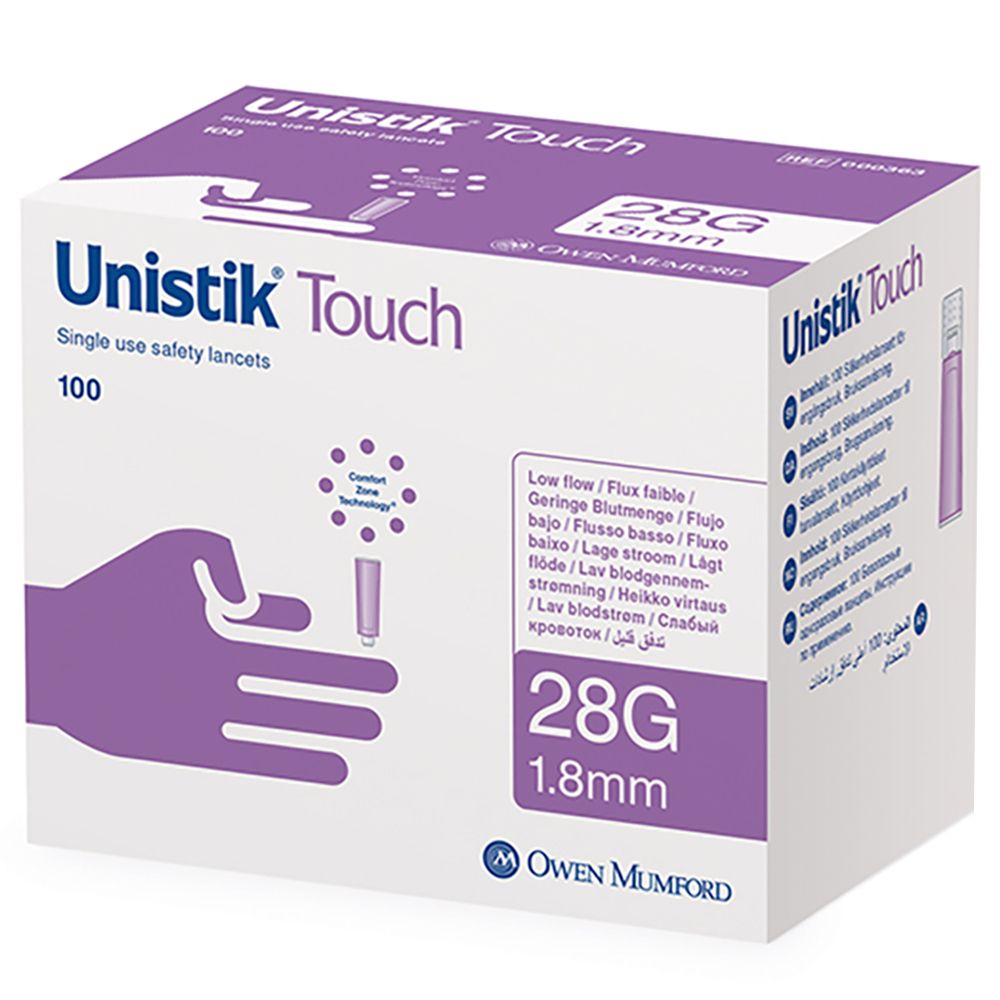 Boîte de 100 lancettes de sécurité Unistik Touch. 28G, 1,8 mm. Logo Owen Mumford.