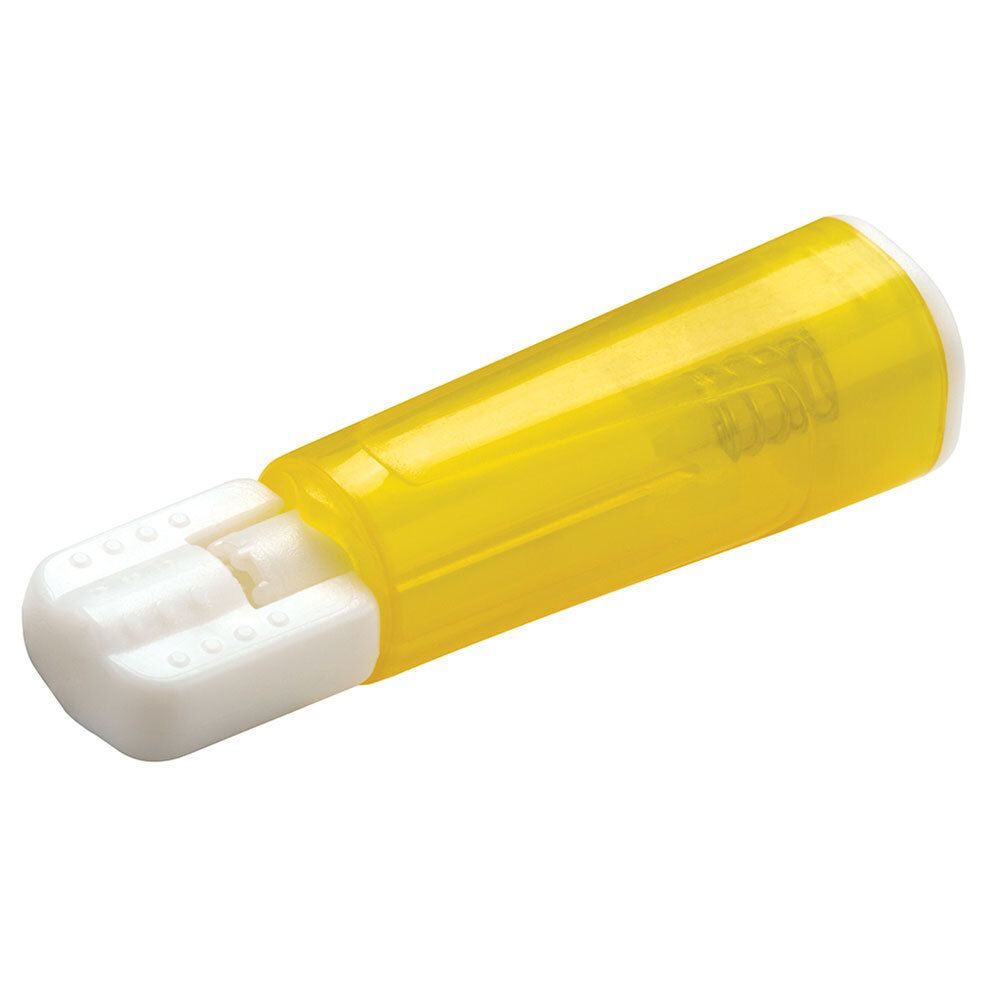 Lancette de sécurité Unistik Touch jaune. Forme cylindrique avec embout blanc. Boîtier partiellement transparent.