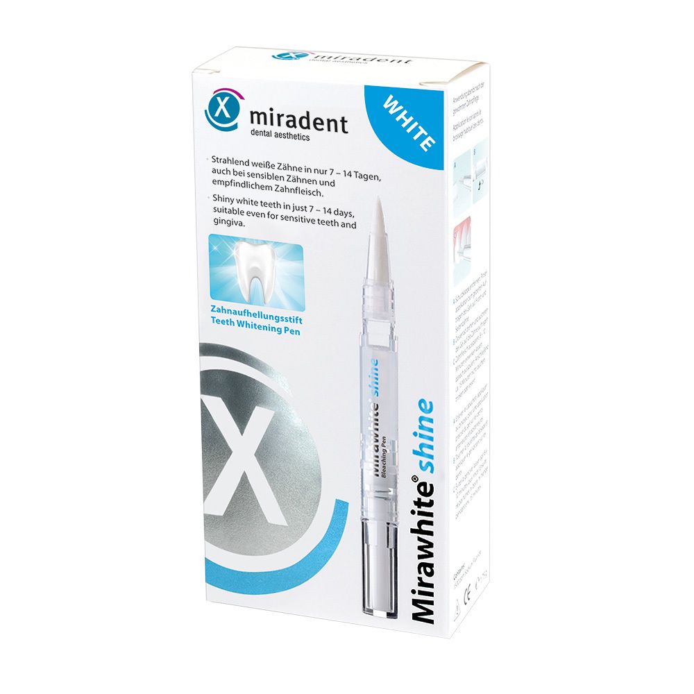 Stylo blanchissant Mirawhite shine dans son emballage. Stylo blanc avec embout et texte. Logo Miradent et informations produit.