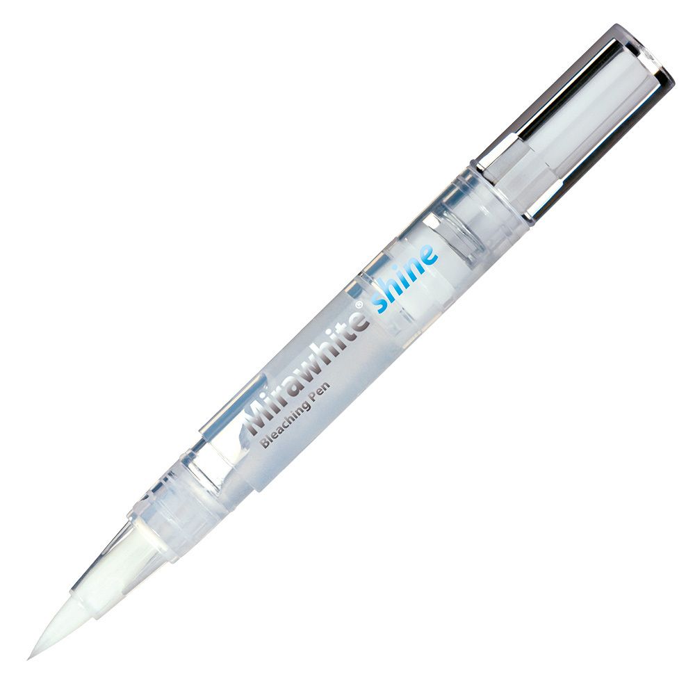 Stylo blanchissant Mirawhite shine. Stylo transparent avec embout blanc et texte. Capuchon argenté.