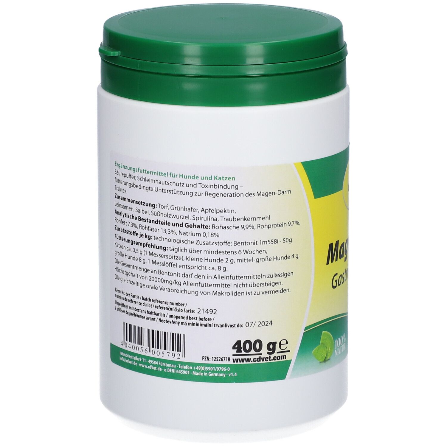 Dos de la boîte blanche avec détails verts. Texte avec ingrédients, composants analytiques et recommandations d'alimentation. 400 g.