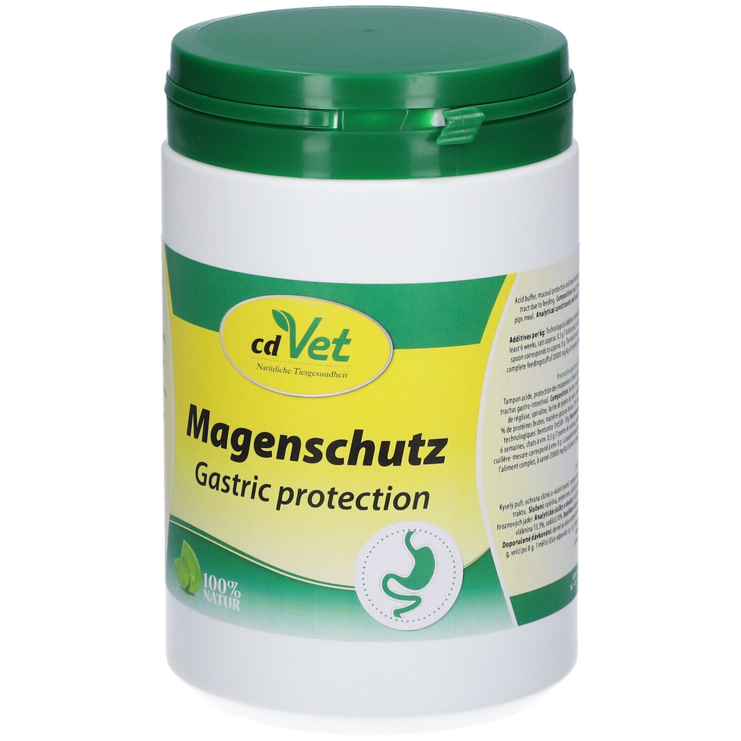 Boîte blanche et verte avec couvercle vert. Inscription : cdVet Magenschutz, Gastric protection. Logo et illustration d'un estomac. 400 g.