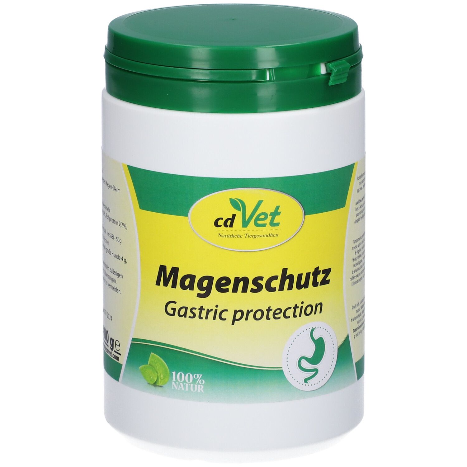 Boîte blanche et verte avec couvercle vert. Inscription : cdVet Magenschutz, Gastric protection. Logo et illustration d'un estomac.