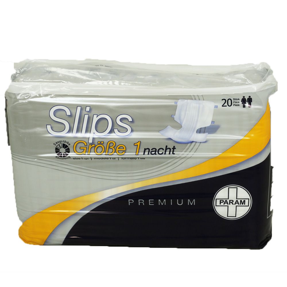 Paquet de slips. Inscription : Taille 1 nuit, Premium. Logo : PARAM. 20 pièces.