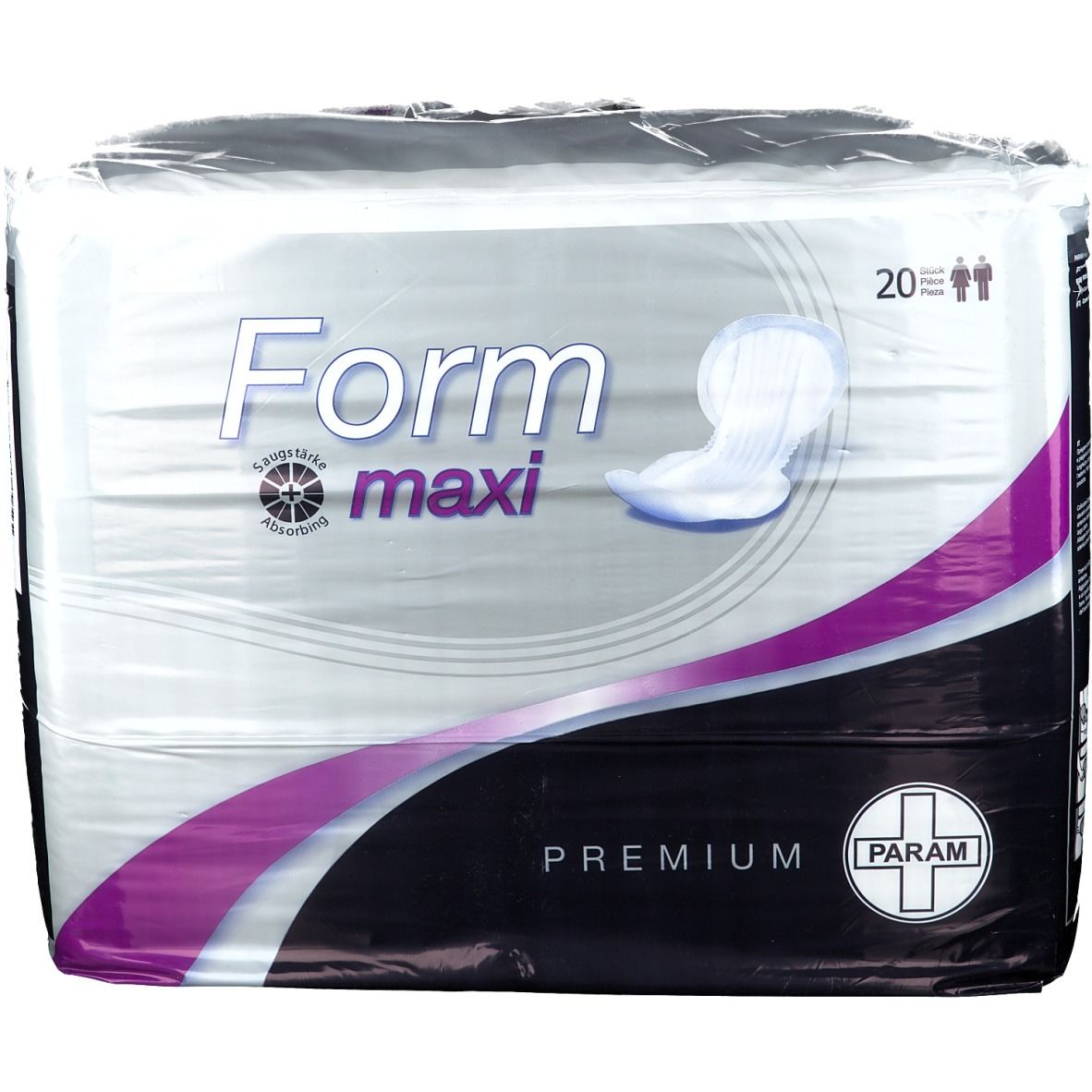 Paquet de protections contre l'incontinence. Inscription "Form maxi", "Premium" et logo. 20 pièces.