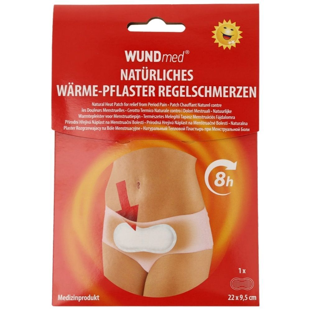 Emballage d'un patch chauffant naturel pour douleurs menstruelles, 22 x 9,5 cm.