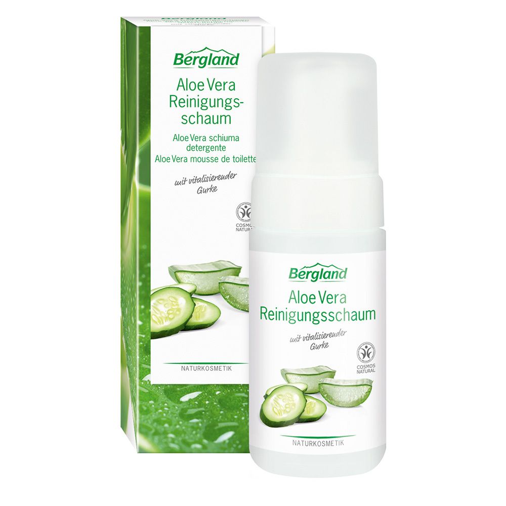 Distributeur blanc avec boîte verte. Inscription: Aloe Vera Reinigungsschaum. Illustration d'aloe vera et de concombre. Cosmétiques naturels.
