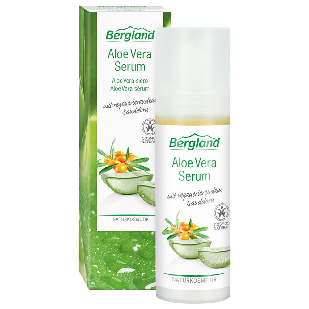 Sérum Aloe Vera Bergland. Flacon et emballage. Cosmétique naturelle. Avec argousier. Certification COSMOS NATURAL.