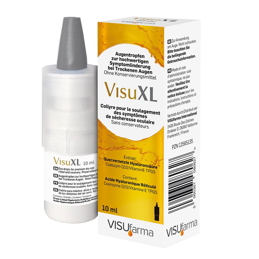 VisuXL® collyre et emballage. Contient 10 ml. Inscription: Collyre pour le soulagement des symptômes de sécheresse oculaire. VisuXL®.