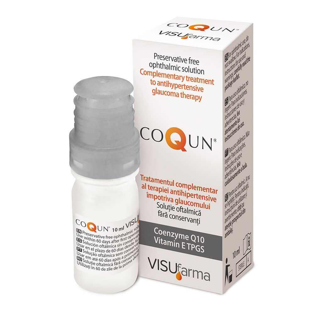 Flacon de gouttes ophtalmiques et emballage. Inscription COQUN, VISUfarma. Contient de la coenzyme Q10 et de la vitamine E. Traitement du glaucome.