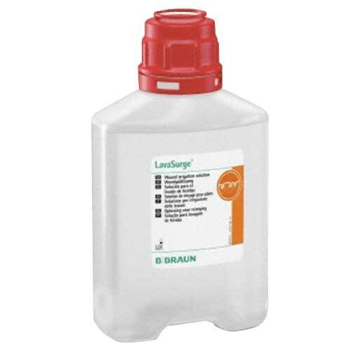 Flacon transparent avec bouchon rouge. Étiquette avec nom du produit LavaSurge et instructions multilingues. Marque B. Braun.