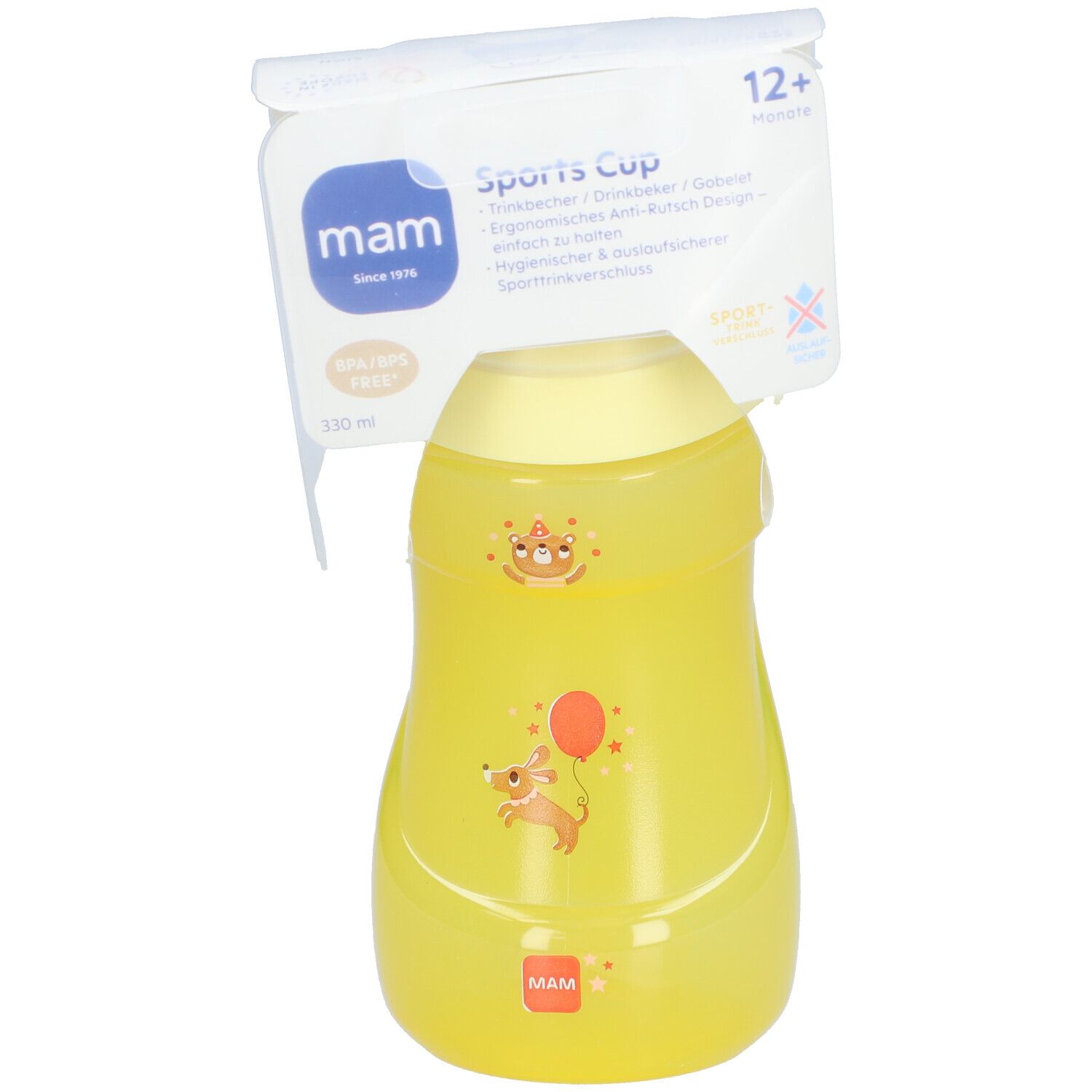 Gobelet jaune avec couvercle et impression. Emballage avec informations sur le produit. Impression avec chien et ballon.