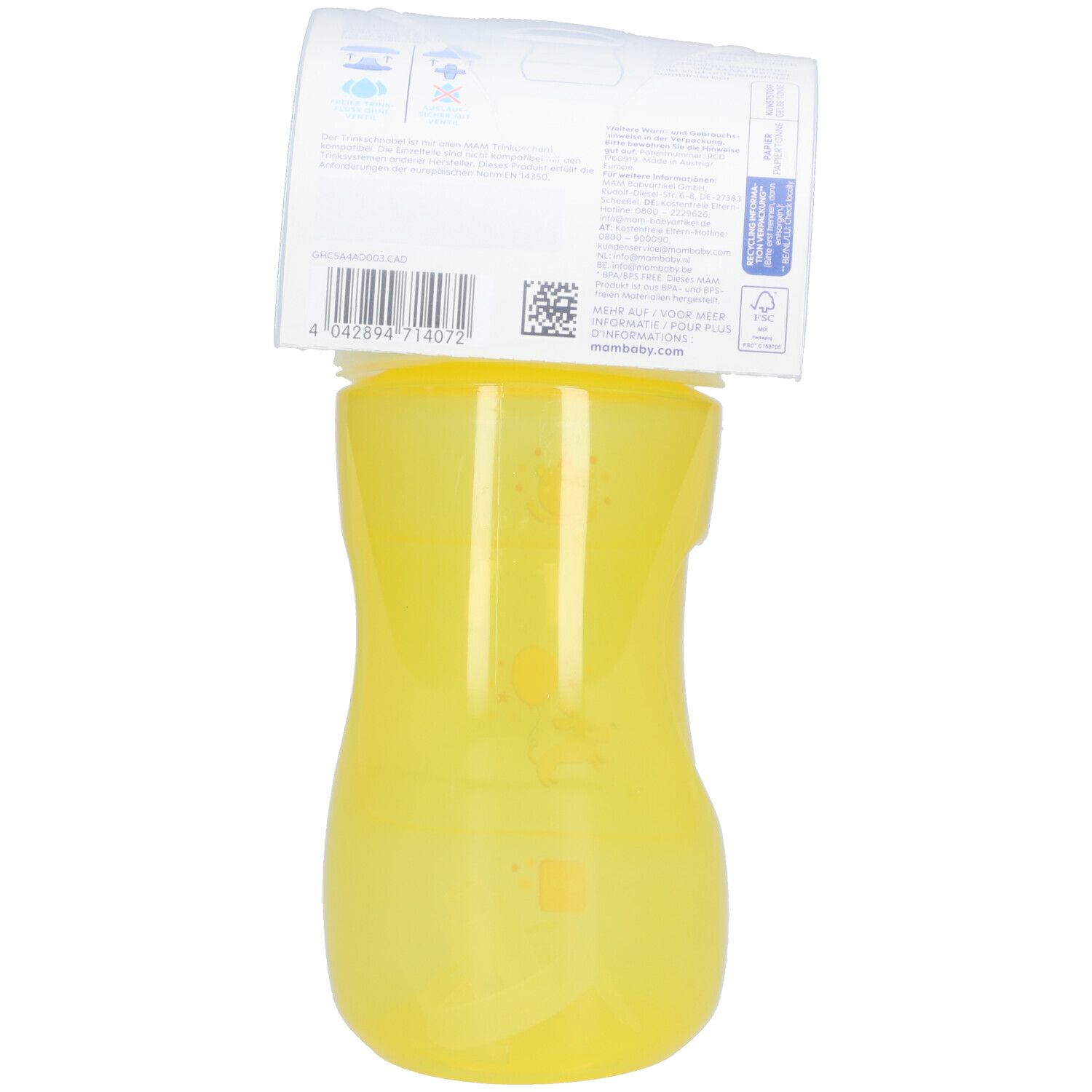 Gobelet jaune avec couvercle et emballage. Emballage avec informations sur le produit et code-barres.