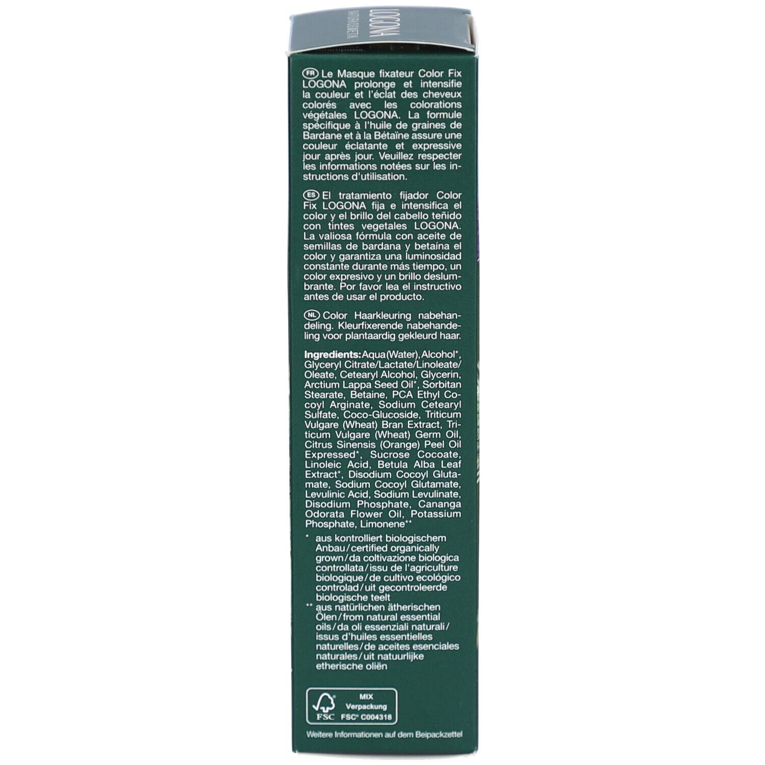Côté de l'emballage. Ingrédients et texte multilingue. Label Bio.