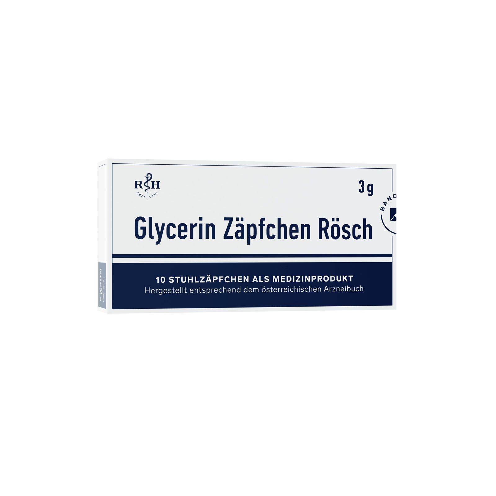 Boîte de 10 suppositoires de glycérine Rösch 3g. Emballage blanc et bleu avec informations et logo.