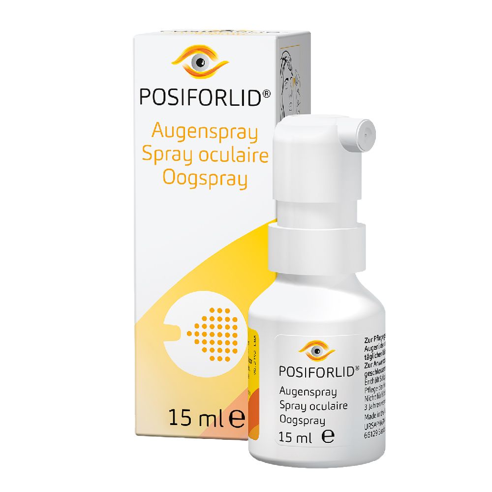 POSIFORLID® Spray oculaire : flacon de 15 ml et boîte pliante avec motif oculaire.