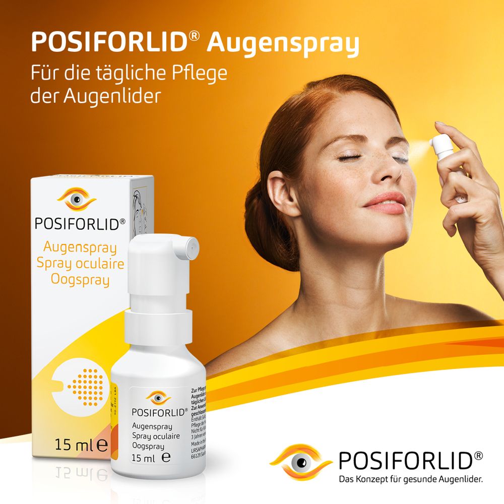 POSIFORLID® Spray oculaire : femme appliquant le spray sur les paupières fermées. Flacon et boîte à côté.