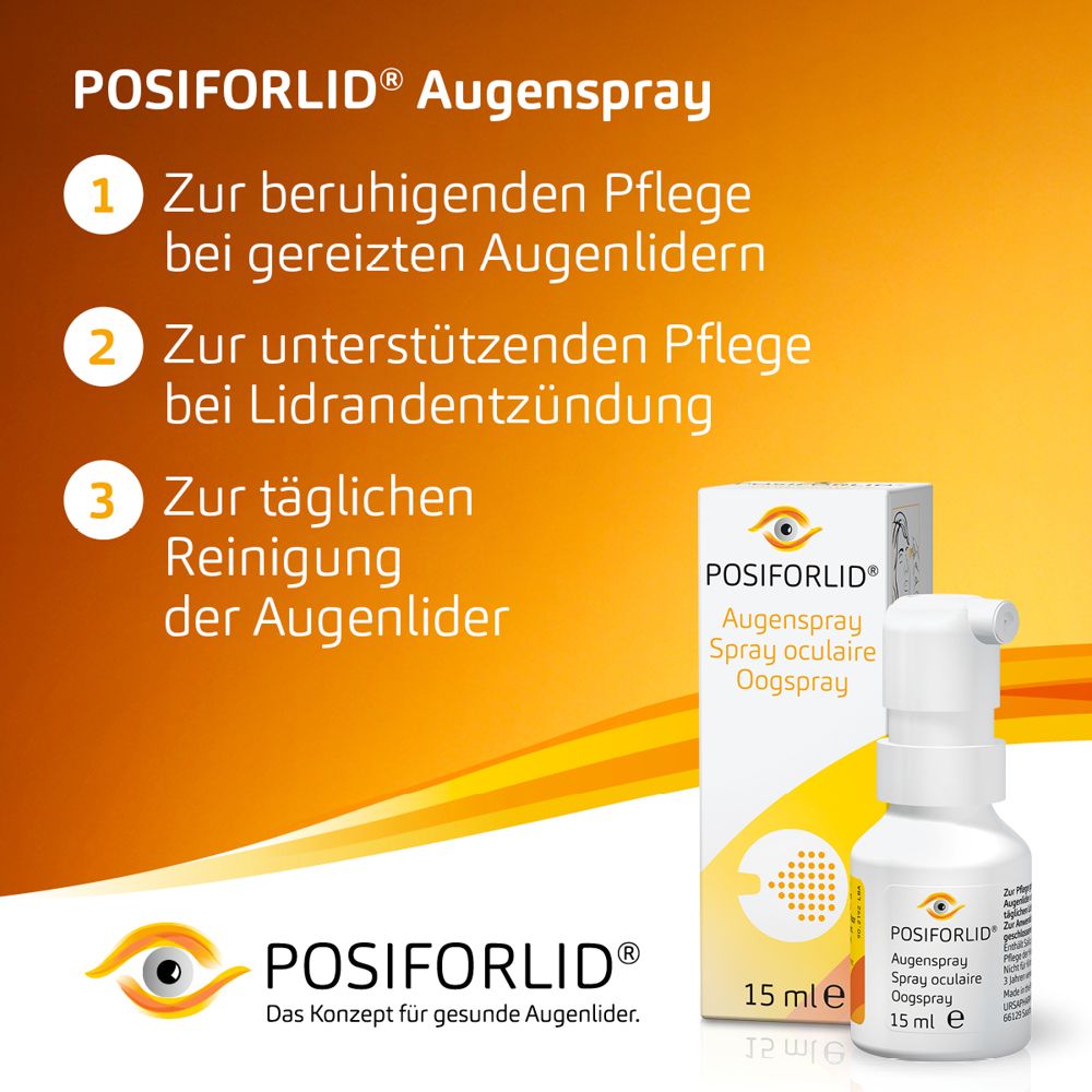POSIFORLID® Spray oculaire : trois conseils de soin pour les paupières. Flacon et boîte de 15 ml.
