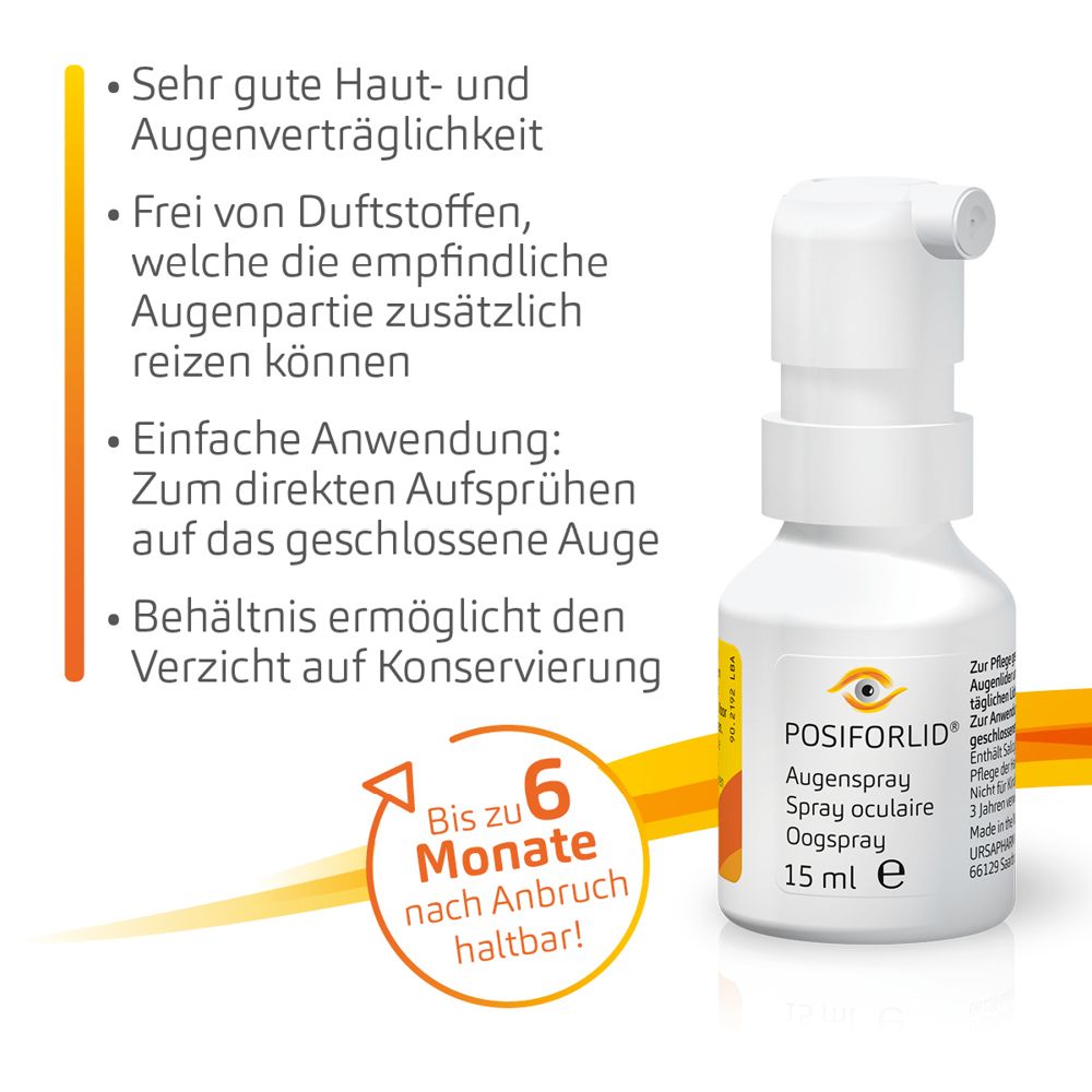 POSIFORLID® Spray oculaire : avantages tels que tolérance cutanée, sans parfum. Conservation 6 mois après ouverture.