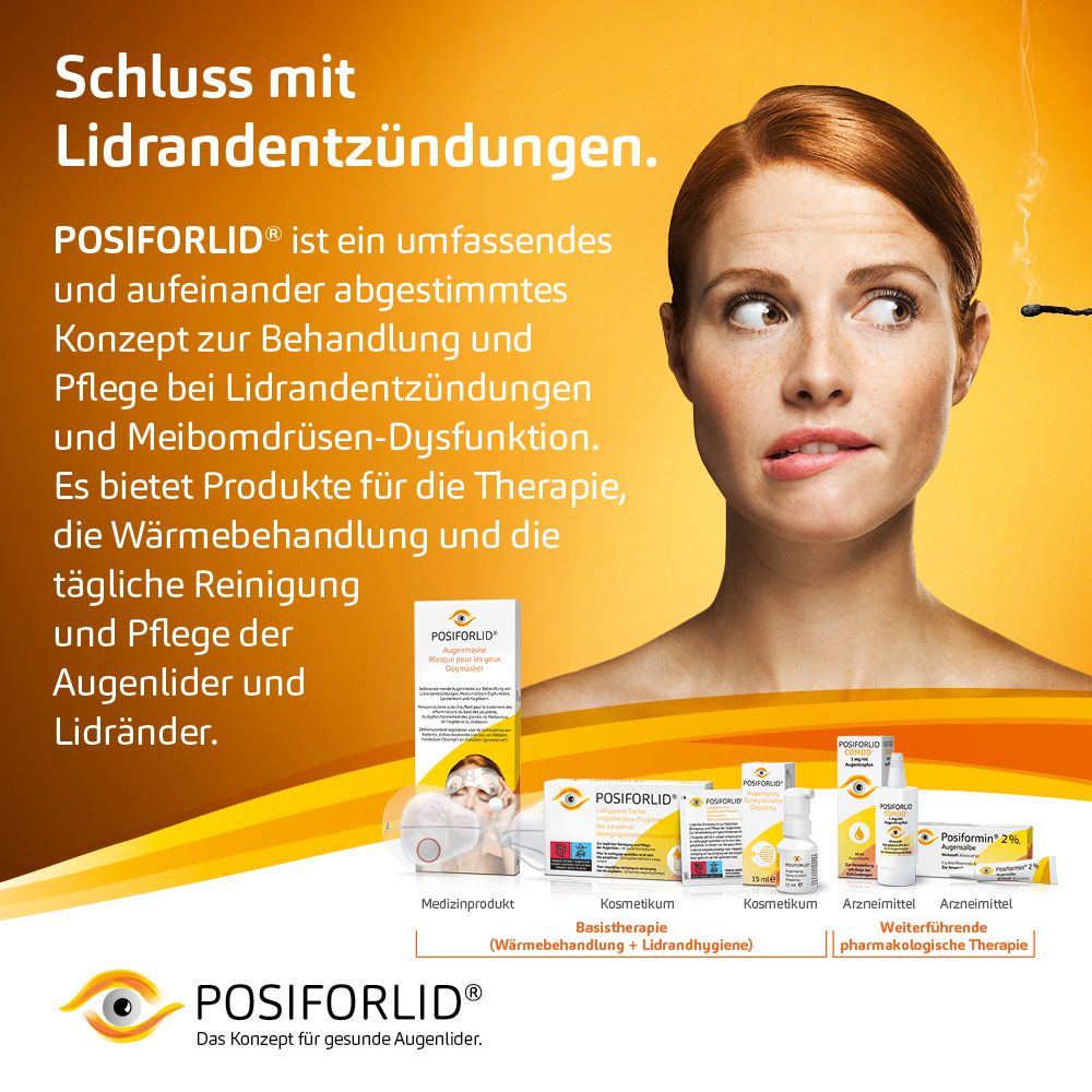 POSIFORLID® Spray oculaire : aperçu des produits avec lingettes nettoyantes et spray oculaire.