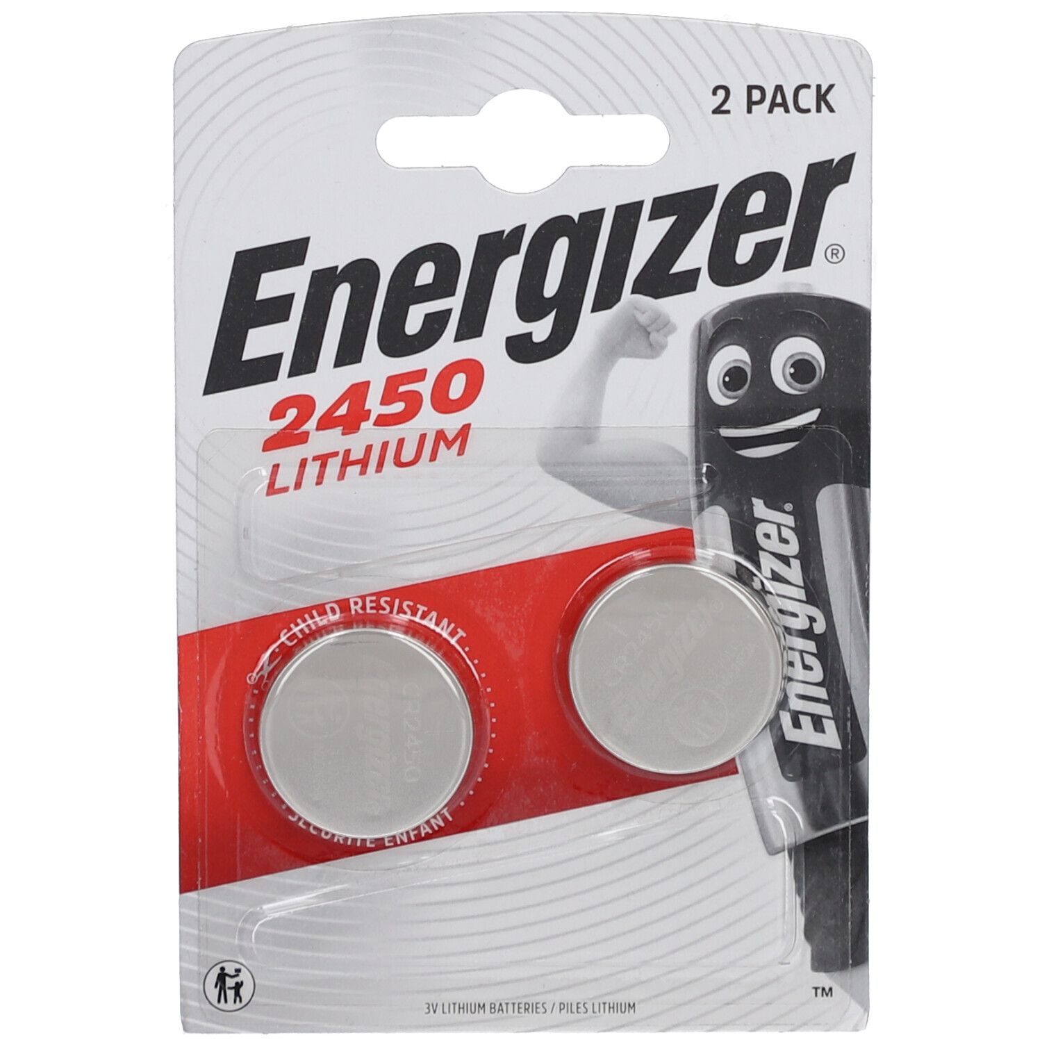 Piles bouton lithium Energizer 2450, pack de 2, sécurité enfant.