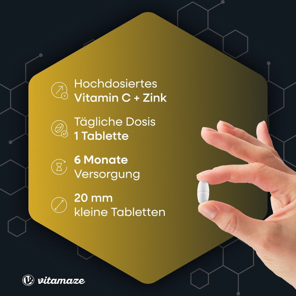 Fond jaune avec informations sur vitamine C + zinc. Une tablette tenue par une main. Petits comprimés de 20 mm.