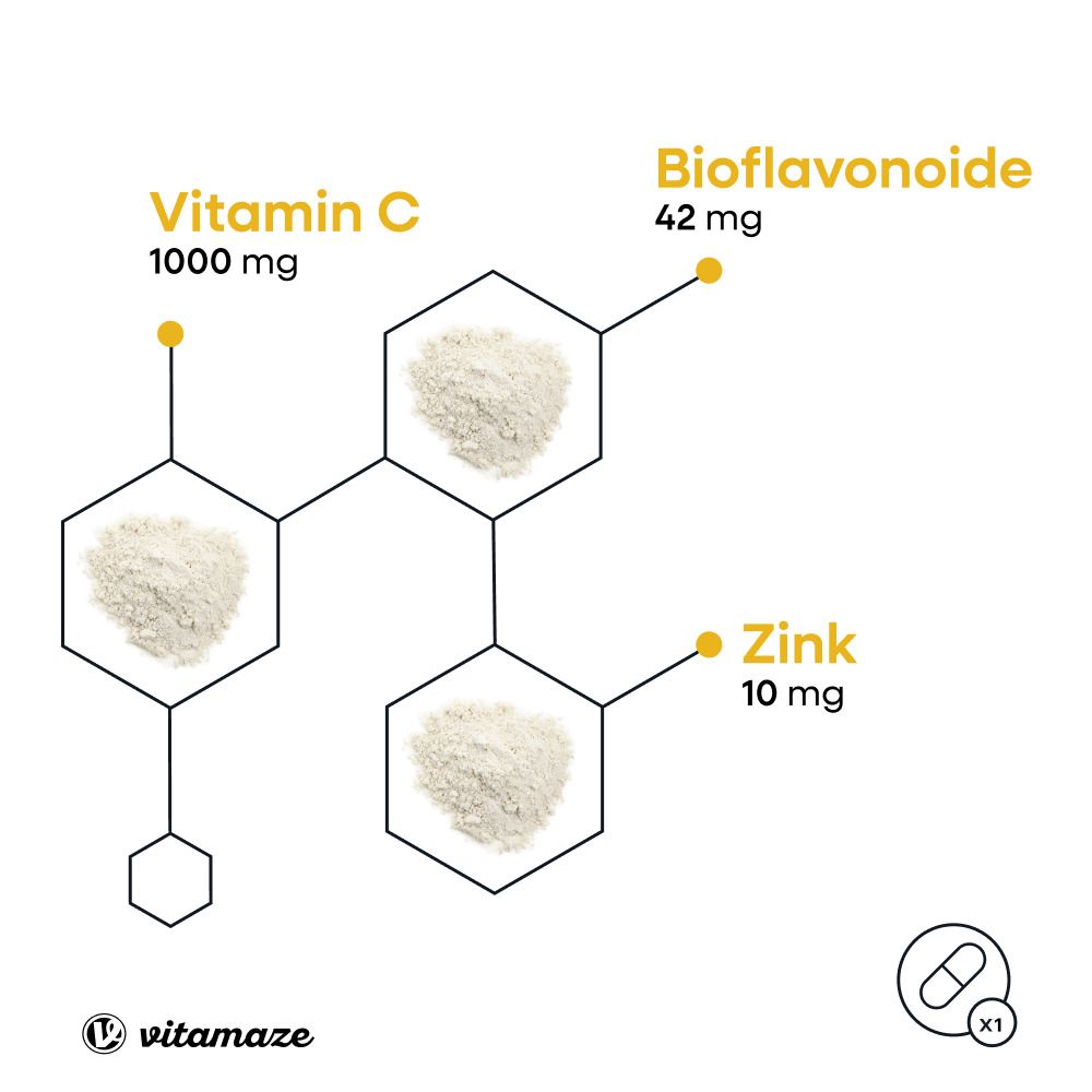 Graphique avec ingrédients: vitamine C, bioflavonoïdes et zinc. Poudre dans des formes hexagonales. Marque: vitamaze.