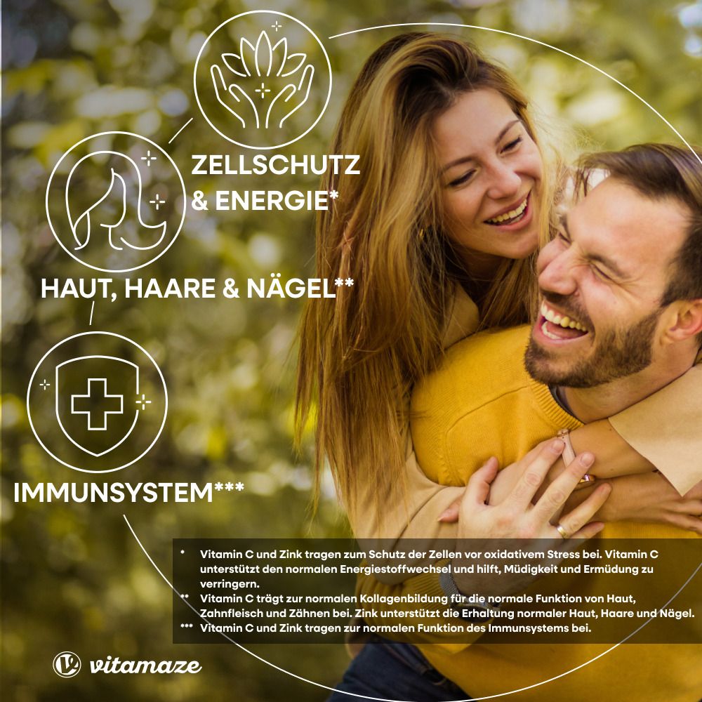Femme et homme rient. Graphiques montrent protection cellulaire & énergie, peau, cheveux & ongles, système immunitaire. Texte sur Vitamine C et Zinc.