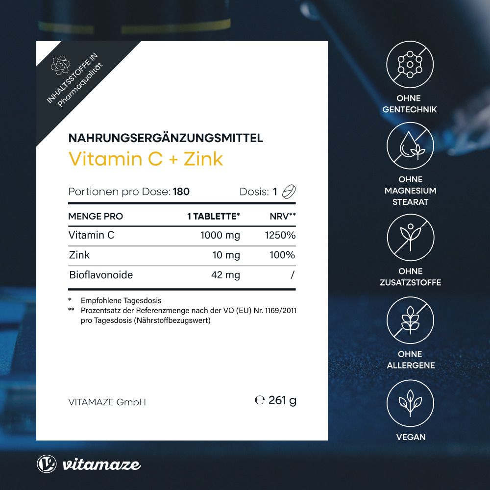 Complément alimentaire vitamine C + zinc. Tableau nutritionnel avec vitamine C, zinc et bioflavonoïdes. Végétalien.
