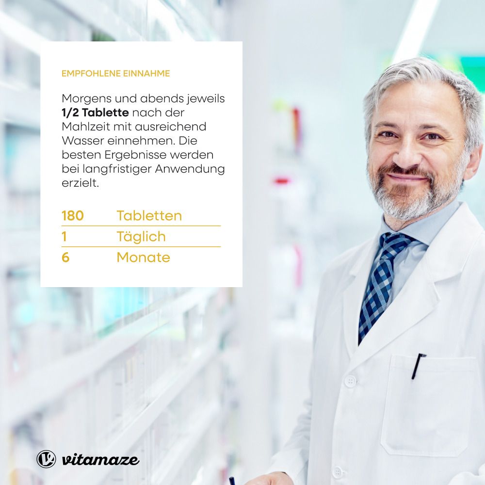 Médecin souriant. Texte: Posologie: Matin et soir 1/2 comprimé après repas avec eau. 180 comprimés, 6 mois.